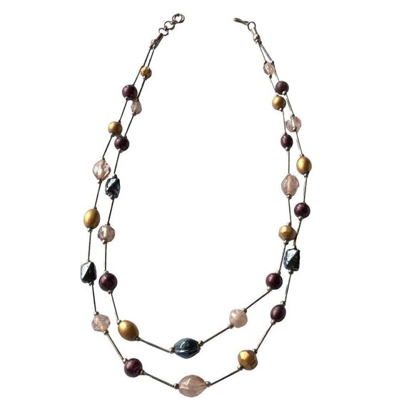 Vintage Double Strand Necklace Mixed Beads Silver Green Gold Purple Adjustable L - Picture 4 of 4